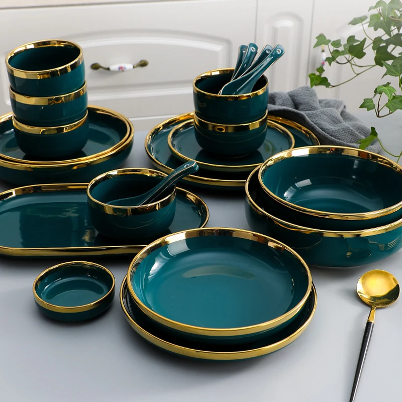 Ceramic Plates Bowls Spoon Gold Edge Round Elegant Baking Fish Plate Pink Black Green Porcelain Marble Dinnerware Set