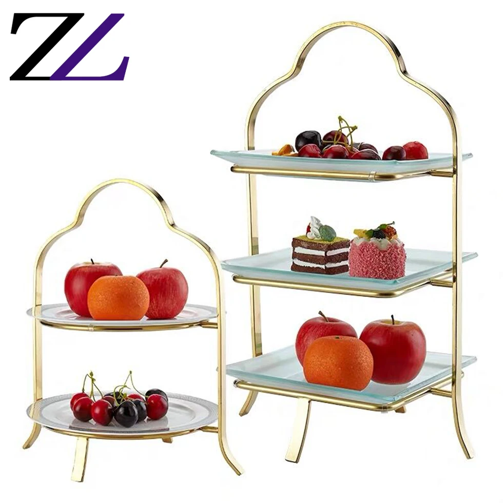 Restaurant buffet dessert decorative riser ceramics plate gold colorful metal cake 2 tier cupcake stand cupcake display trays