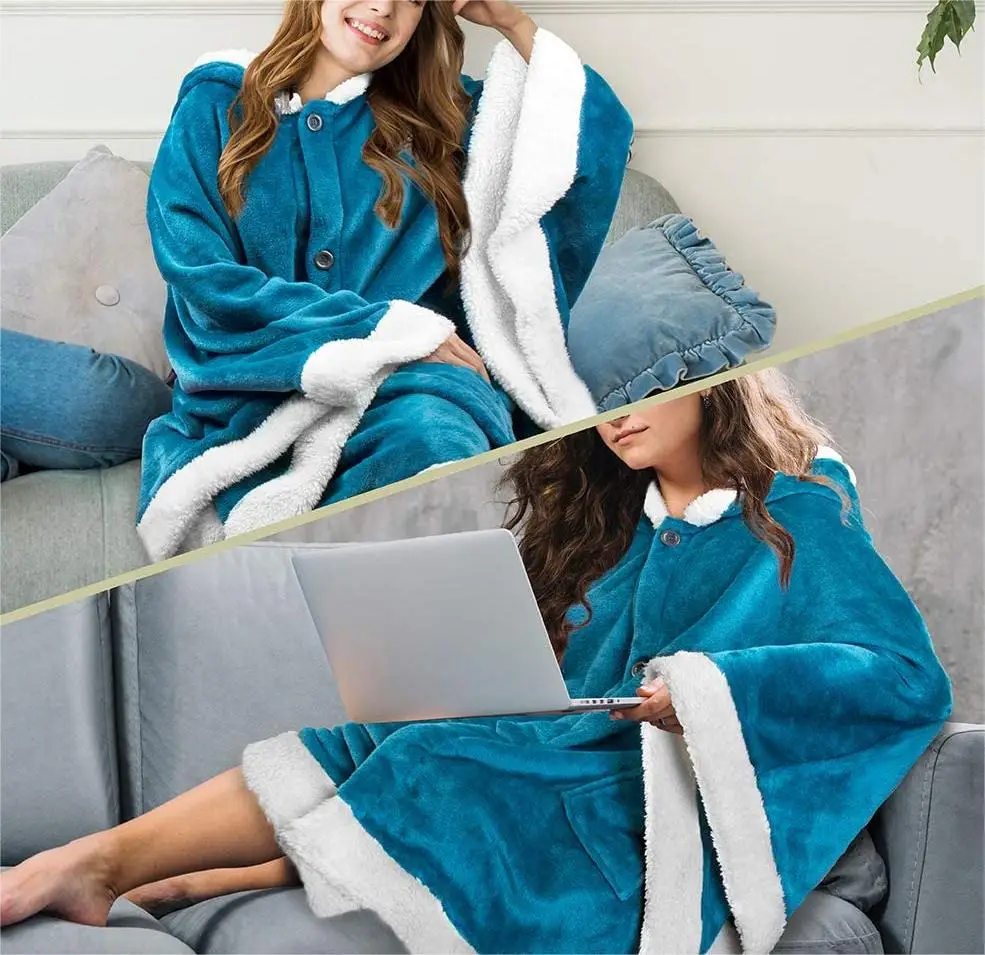 Wearable Blanket Poncho with Neck Warmer Hood Plush Poncho Sweater Large Blanket Cape Hoodie