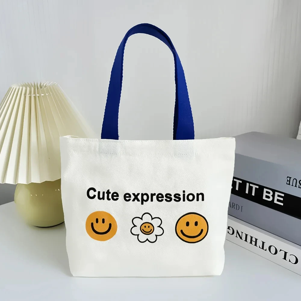 New Style Cute Korean Fashion Shopping Tote Bag Cotton Canvas Tote Bags with Custom Smile Pattern Printed Logo