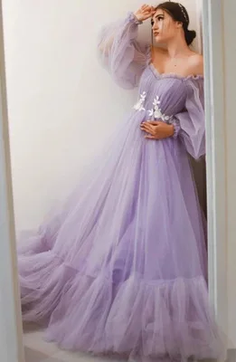 Blue Prom Dresses A-Line Off the Shoulder Sweetheart Tulle Long Sleeves Prom Gown Evening Party Dresses Robe De Soiree