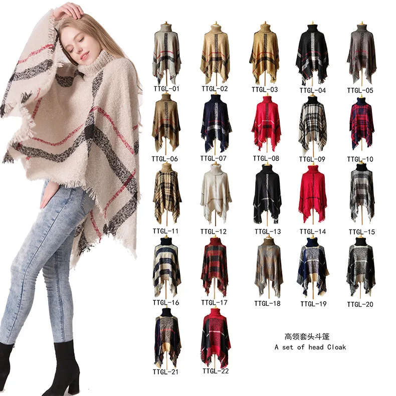 
New Arrival Fashion High Collar Plaid Tassel Cloak Shawl Sweater Winter Poncho For Women Winter 