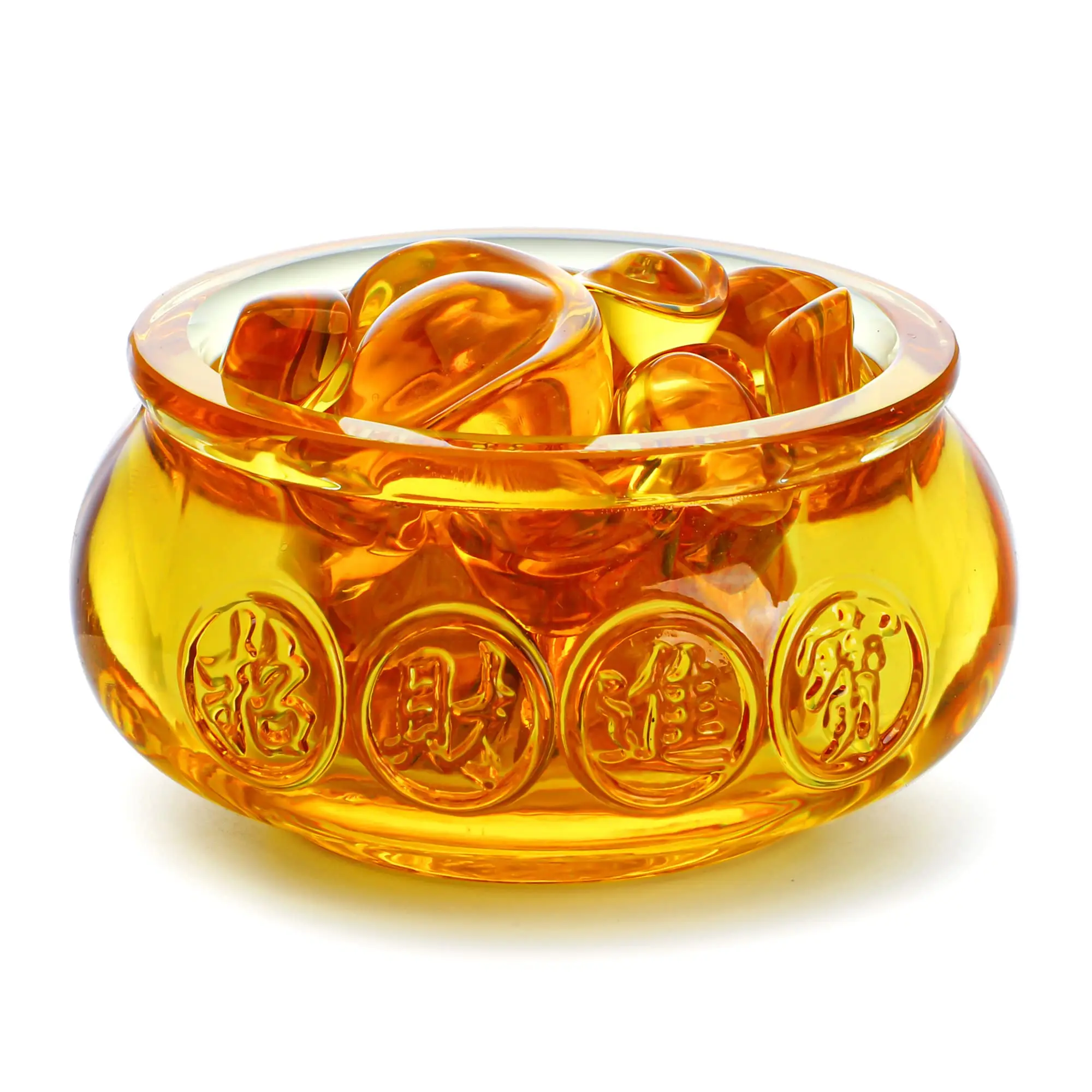 3' Handmade Crystal Glass Golden Treasure Basin with 41pcs Yuan Bao Good Luck Wealth Prosperity Collectibles Feng Shui Decor