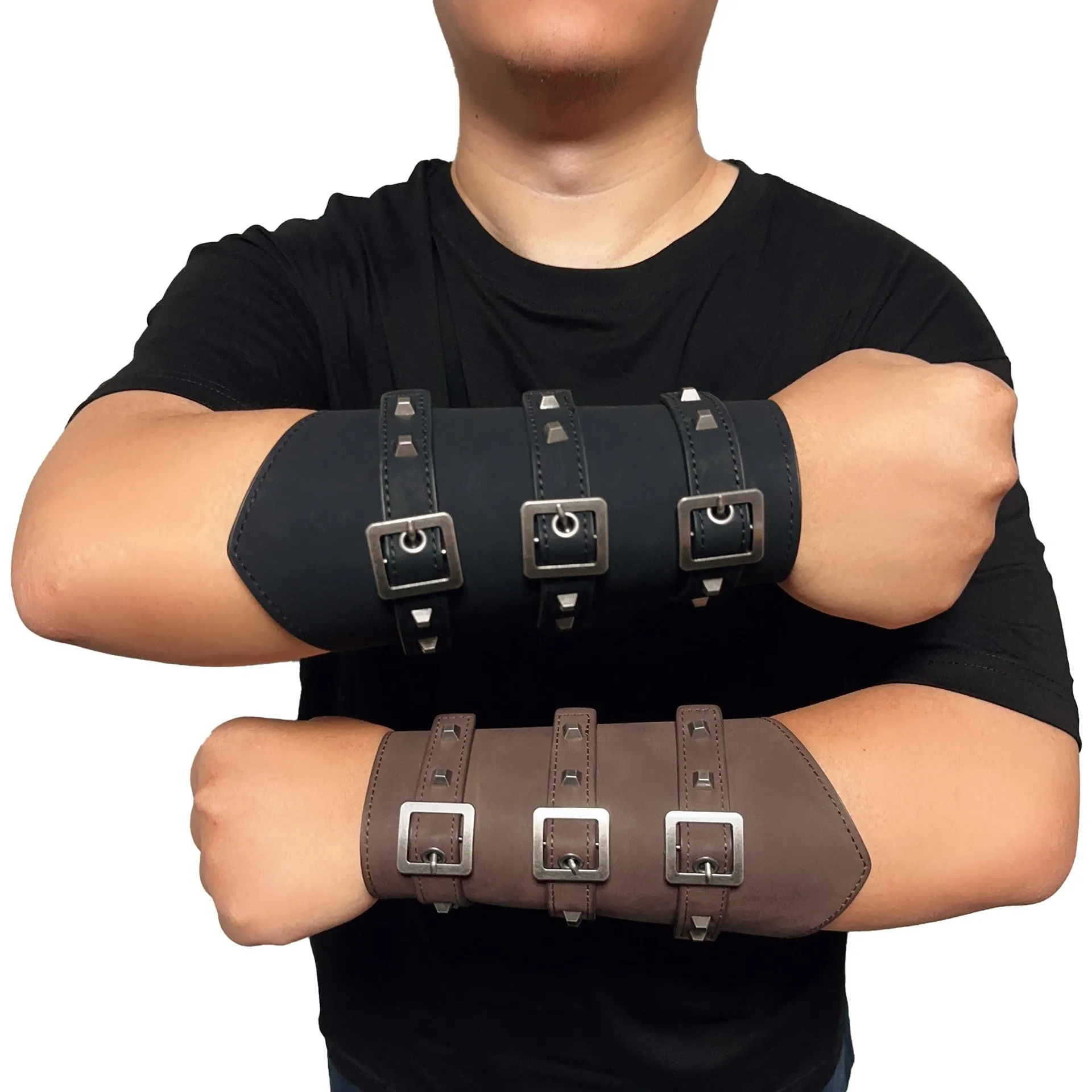 SY  Adults Faux Leather Arm Guards - Medieval Belt Leather Buckle Bracers - One Size - Leather Armband
