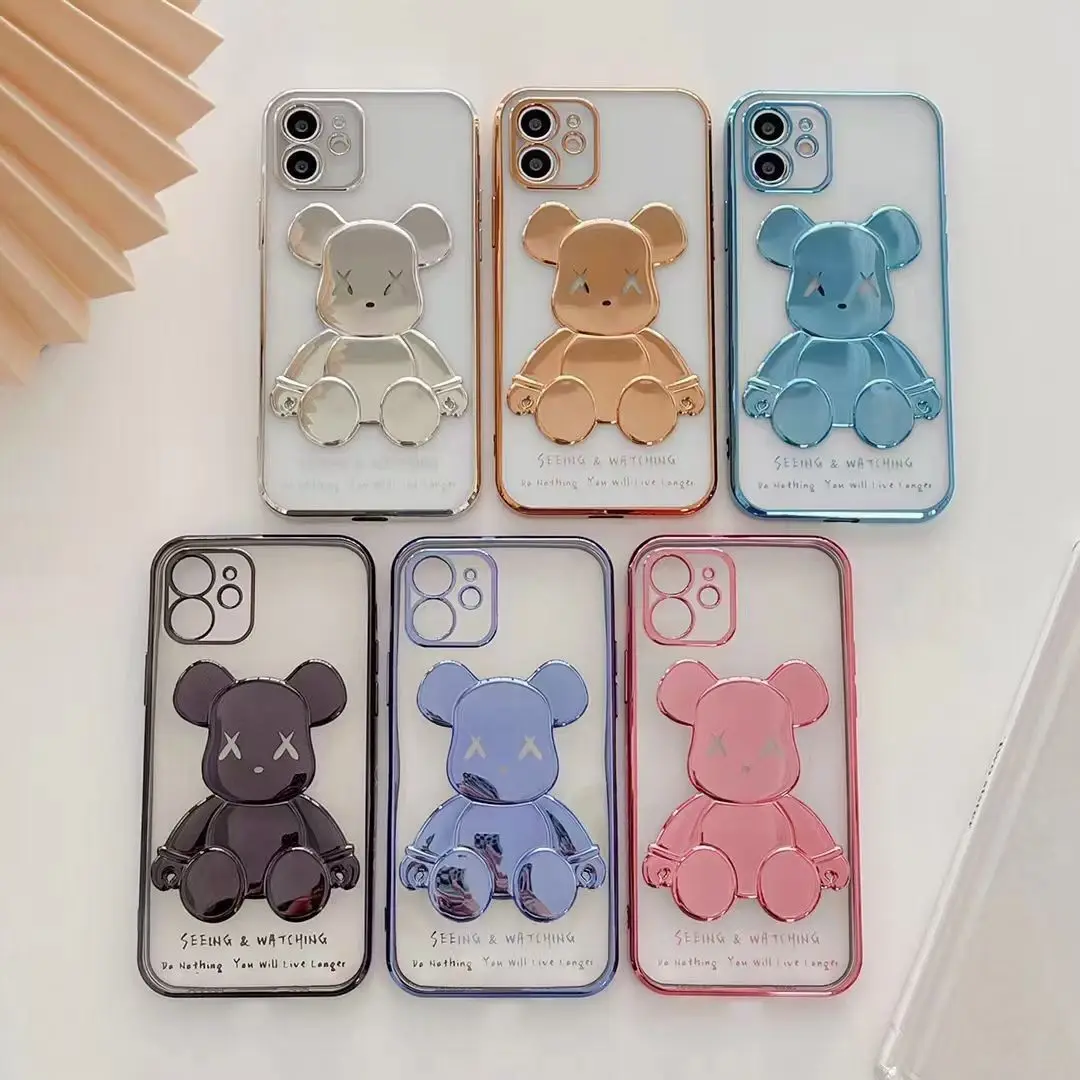 Luxury Electroplate Bear Transparent 3D Bear Cell Phone case For iphone 13 12 11 XS XR MAX 7 8 Soft TPU Mobile phone Accessories