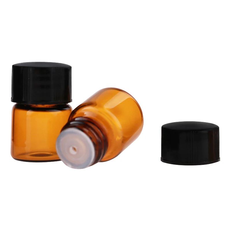 1ML Amber Glass Bottles Mini Essential Oil Vials Containers with Orifice Reducers and Black Lid for Aromatherapy Perfume