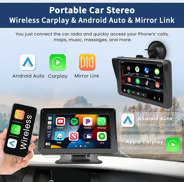 SUNWAYI Wireless Carplay 7 Inch Screen Touch Android Auto Carplay Connect Multimedia Receiver Screen Stereo Car Monitor