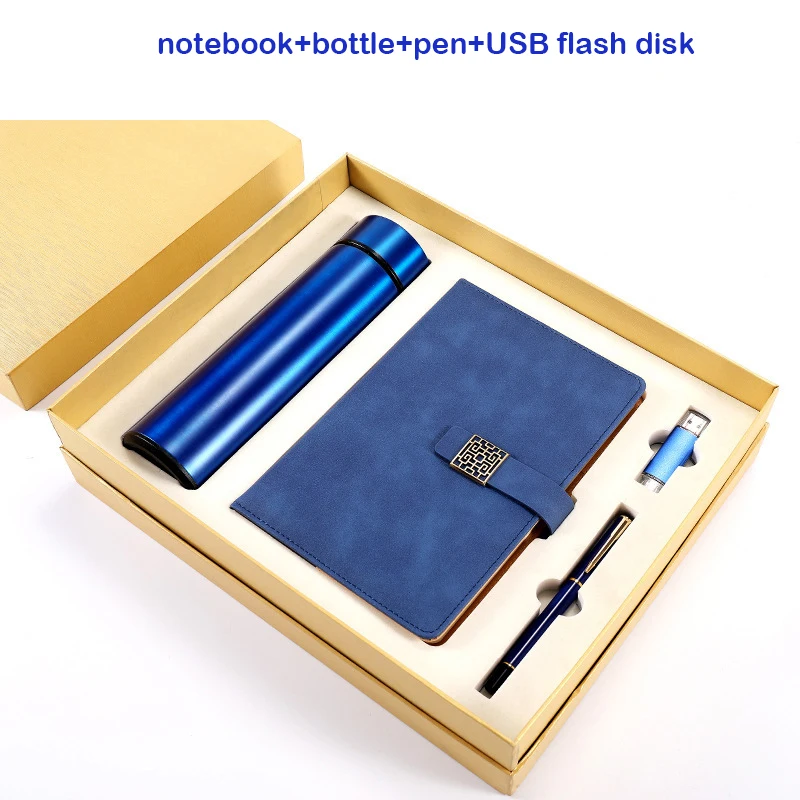 Business 4 piece gift sets usb flash drive & vacuum cup & pen and leather notebook with magnetic lock