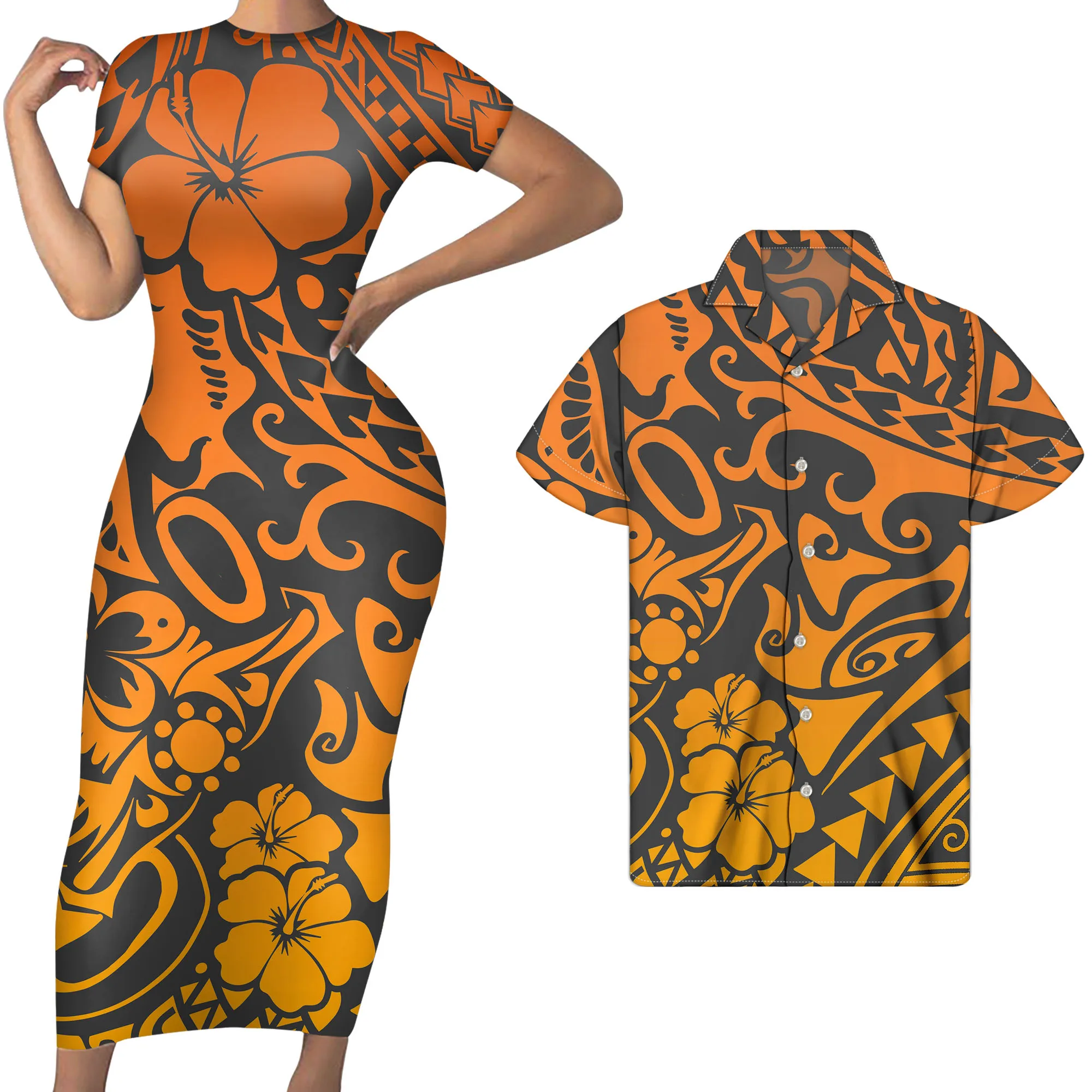 
big hibiscus design bangdage dress bodycon plus-size dresses matching summer beach men shirt custom couple clothing sets 