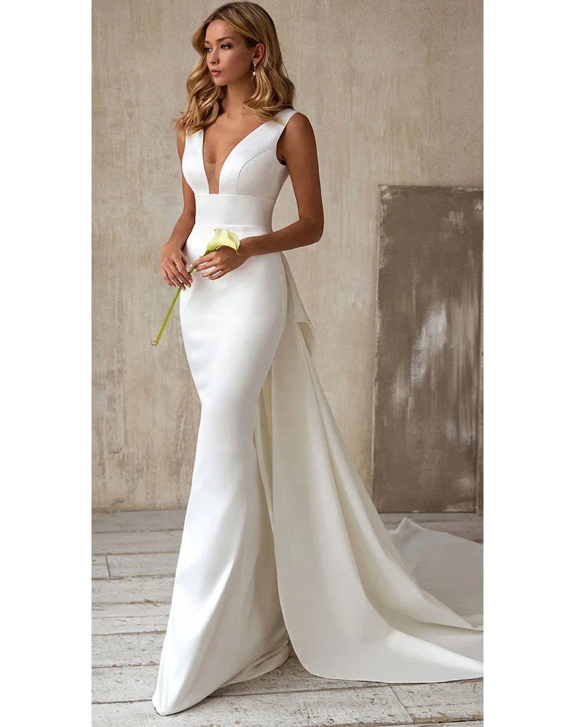 Simple Sleeveless Satin Wedding Dresses Mermaid Bridal Gowns With Detachable Tail