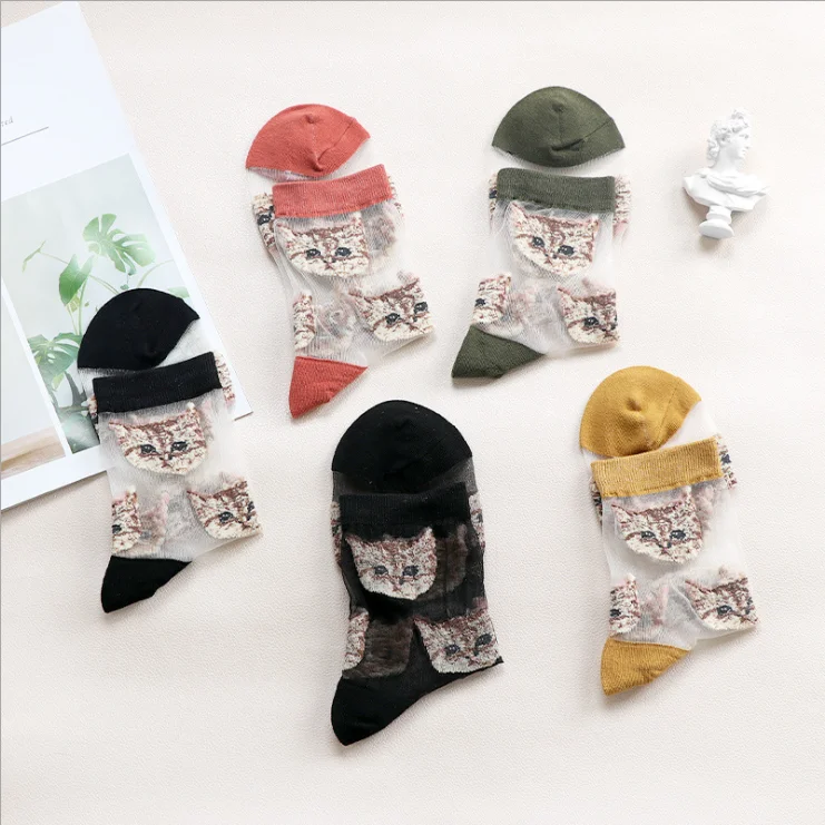 Wholesale Novelty Sheer Fashion Hosiery Summer Women Cat Pattern Nylon Mesh Transparent Socks