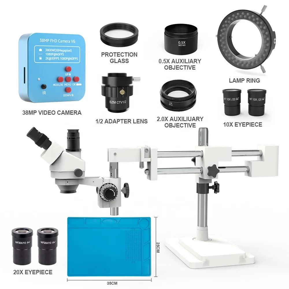 kailiwei Double Arm Trinocular Stereo Zoom Microscope with 38MP Camera Adjust LED Ring Light Mobile Phone Repair