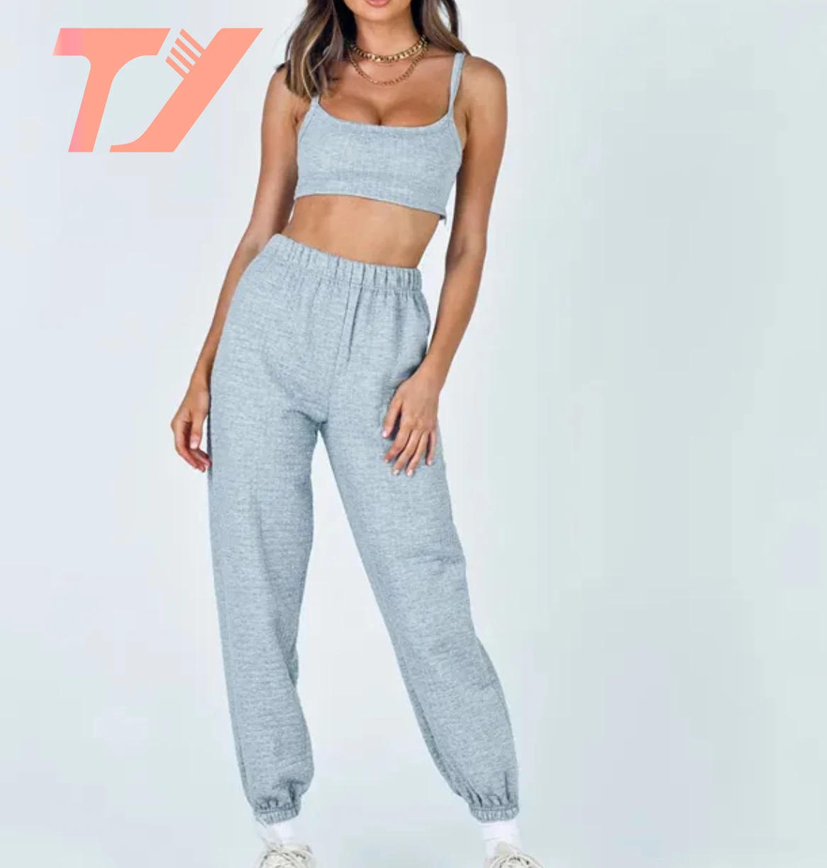 TUOYI Winter Women Lounge Wear Matching Crop Top And Sweatpants Two Piece Pants Set Sweatsuit