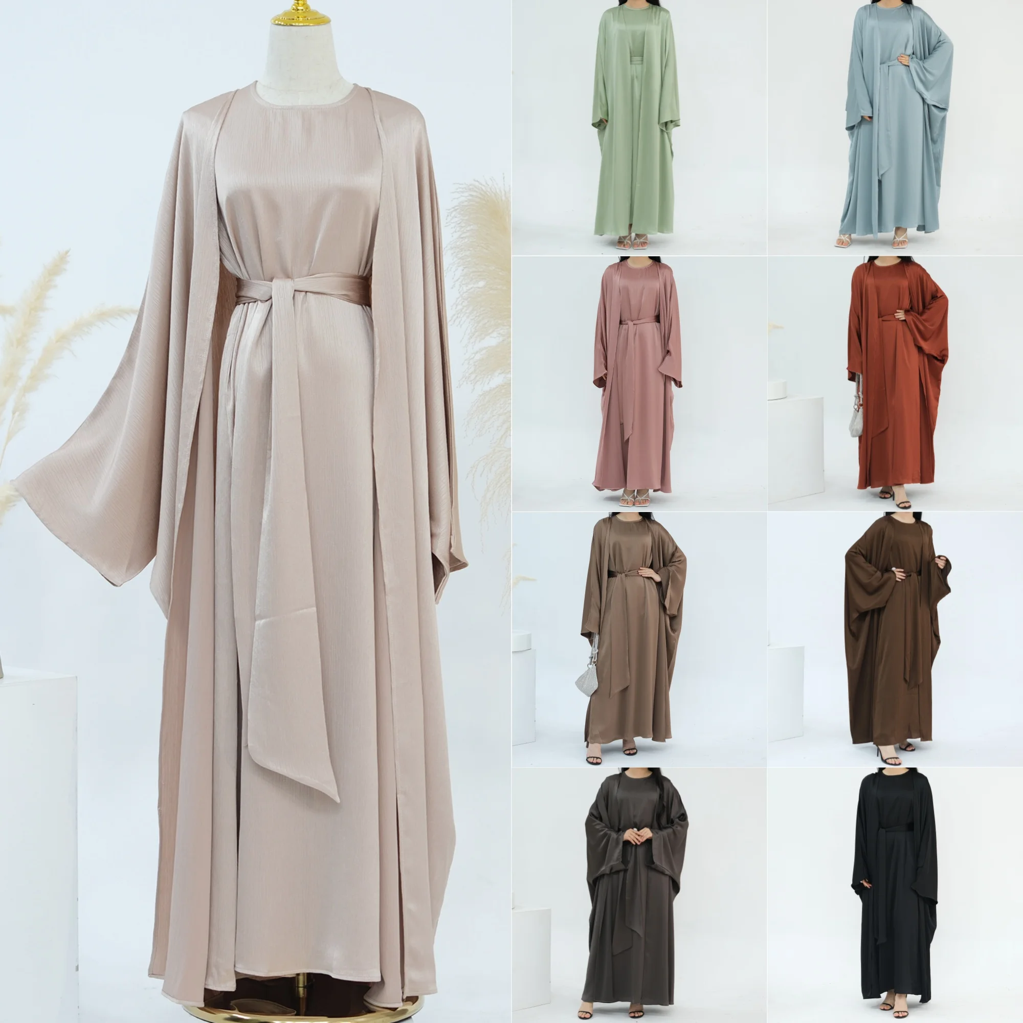 OEM ODM Loriya Abaya 2024 High Quality Luxury 2PCS Abaya Set Shimmer Maxi Dress Satin Inner Slip Dress Wider Belt And Open Abaya