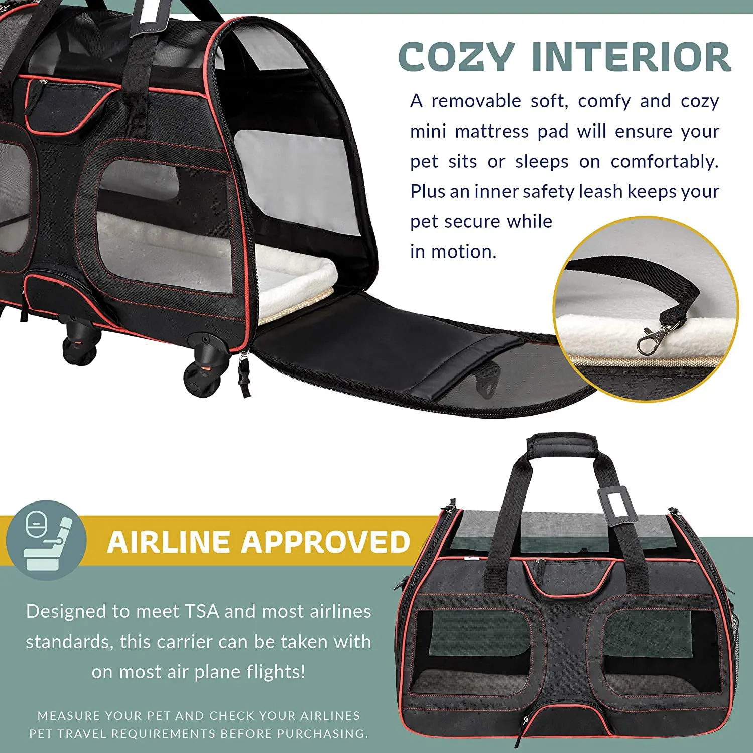 FREE SAMPLE Pet Carrier with Removable Wheels Soft Sided Airline Approved Small Dog and Cat Carrying Bag