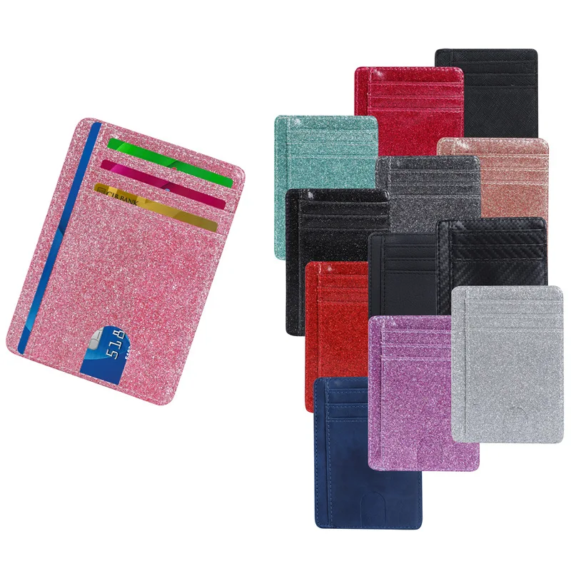 Wholesale soft bling glitter pu leather front pocket RFID blocking minimalist slim credit card holder wallet for women