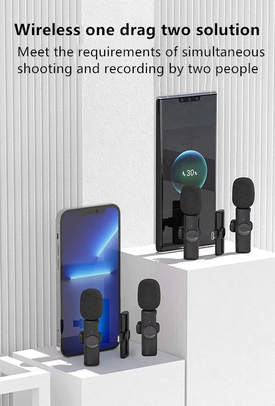 2023 New 1 Drag 2 Microphone Lavalier 2.4ghz 2 In 1 Portable Mini Microphone Wireless Recording Microphone For Iphone