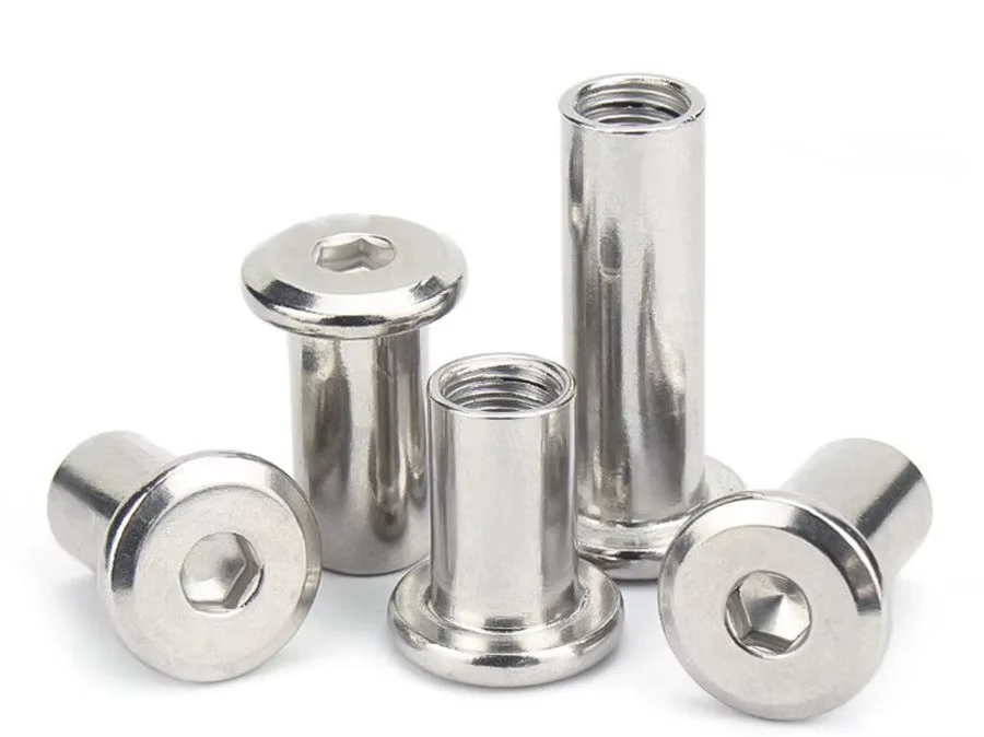 Custom Wholesale 304 Stainless Steel Splint Nut Lock Furniture Screw Hex nut male-female joint Chicago screw