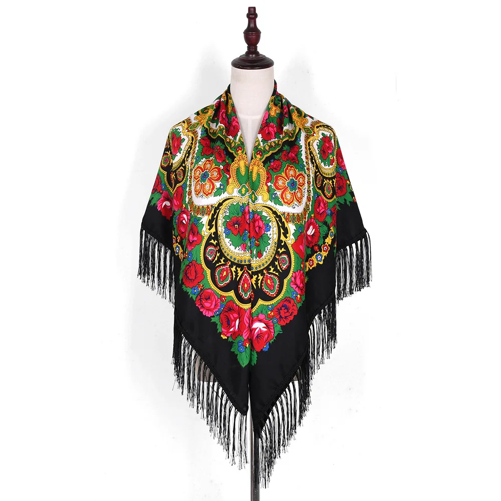 135*135cm Wholesale Winter Ladies Russian Floral Tassel Scarves Shawls Fashion Printed Viscose Square Hijab Scarf