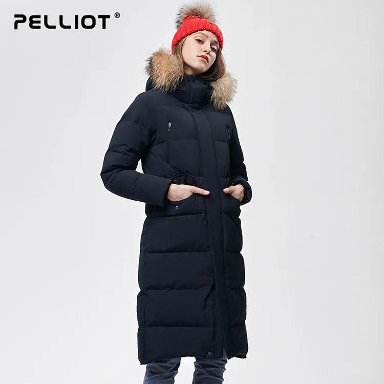 OEM ODM, черная 90% гусиная подкладка, длинный женский пуховик выше колена с меховым воротником