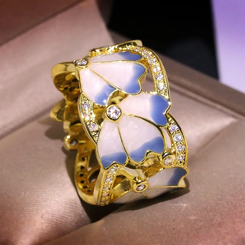 
Cloisonne Enamel Blue And White Glue Butterfly Ring Gold Plated 