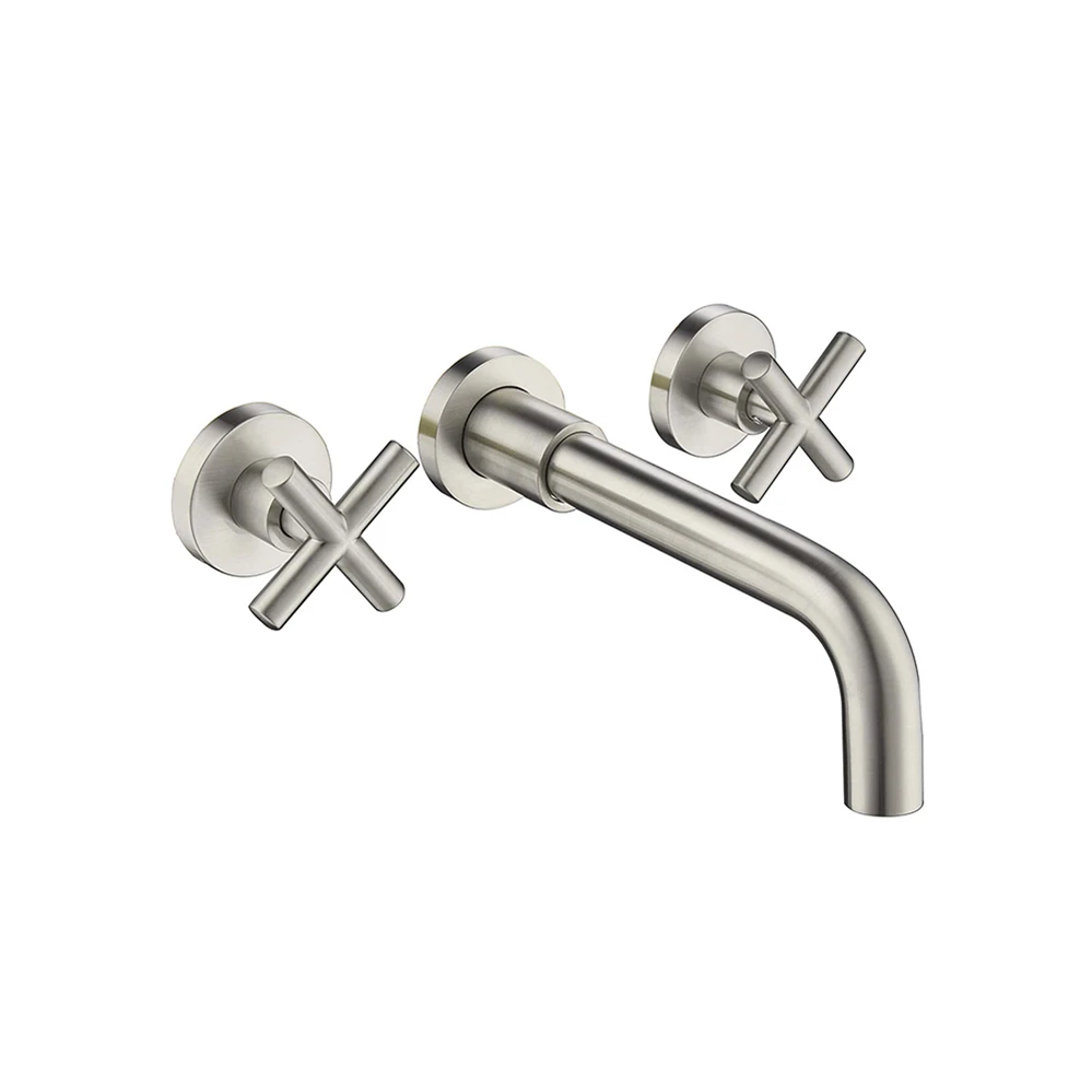 Hot Cold Water Tap Wall Mounted 3 Hole Double Cross Handle Wash Faucet Chrome Finish Brass In-wall Basin Mixer  Tap