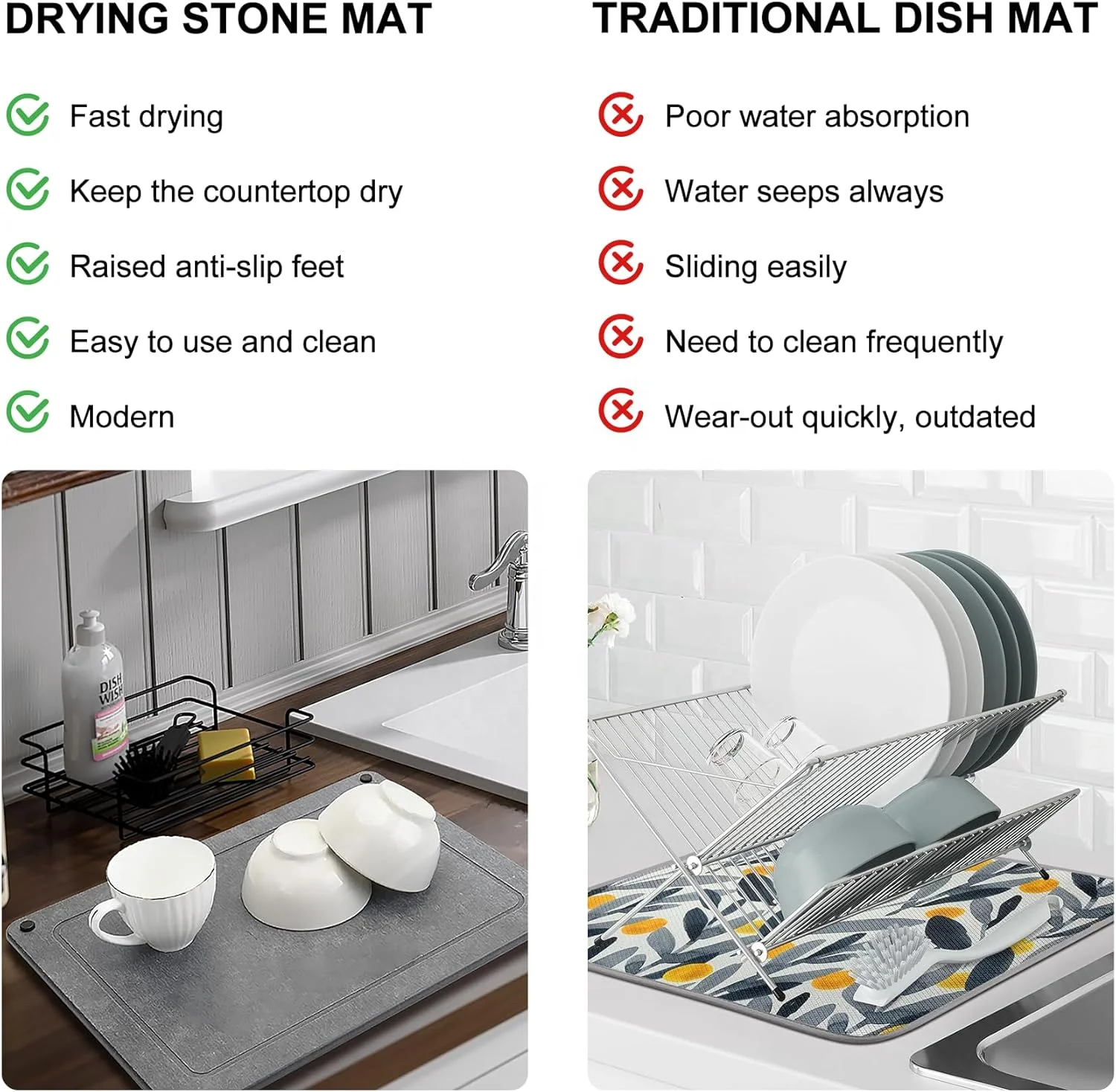 Stone Dish Drying Mat for Kitchen Counter 15.6 x 11.7 Super Absorbent Diatomaceous Earth Dishes Drying Mat with Non-Slip Feet