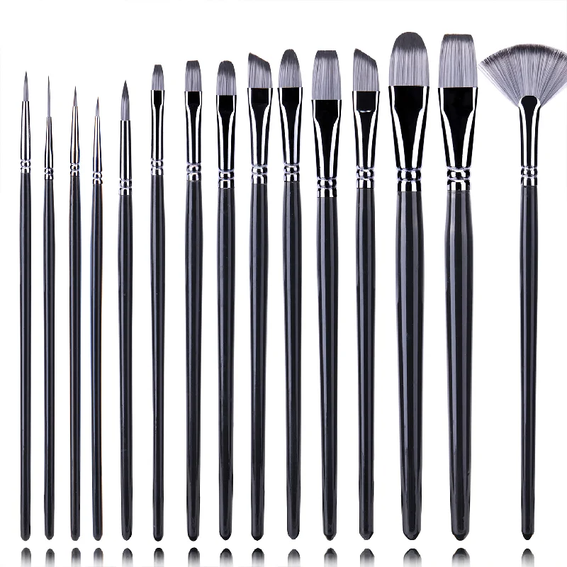 15pcs Nylon Hair Black Handle Artist Oil Painting Brushes Set for Acrylic Oil Watercolor  Painting