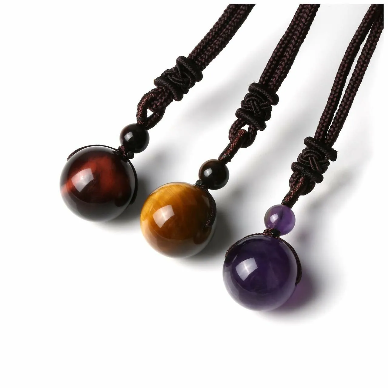 Best Selling Adjustable Natural Round Bead Tiger Eye Stone Pendants Brown String Woven Necklace Jewelry For Women Men
