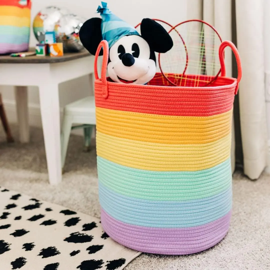 Rainbow Tall Laundry Basket Hamper Toys Storage Basket Blanket Organizer Large Decorative Woven Cotton Rope Basket
