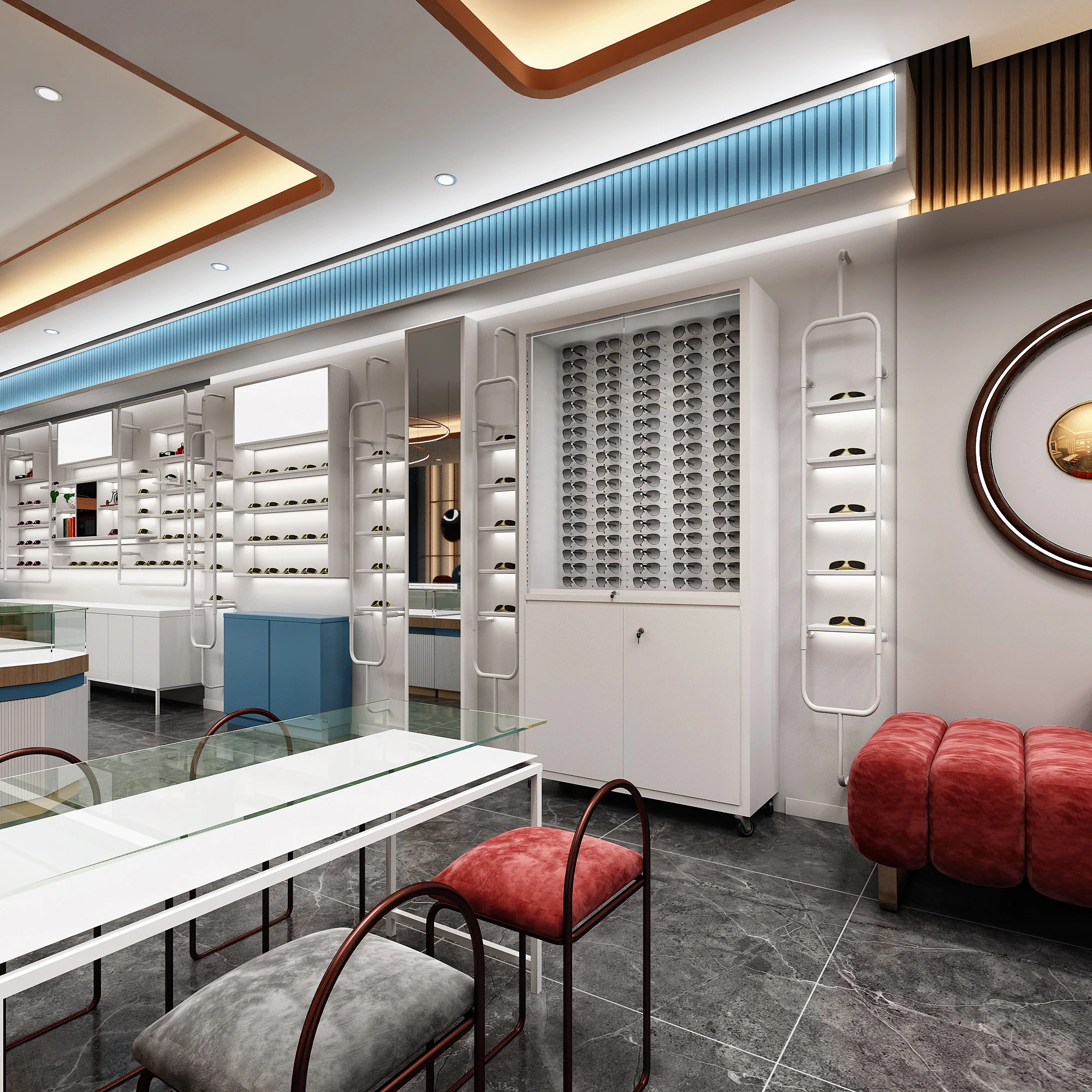 Europe eyewear brand shop locked wood rods sunglasses led wall optical display showcase with wheels