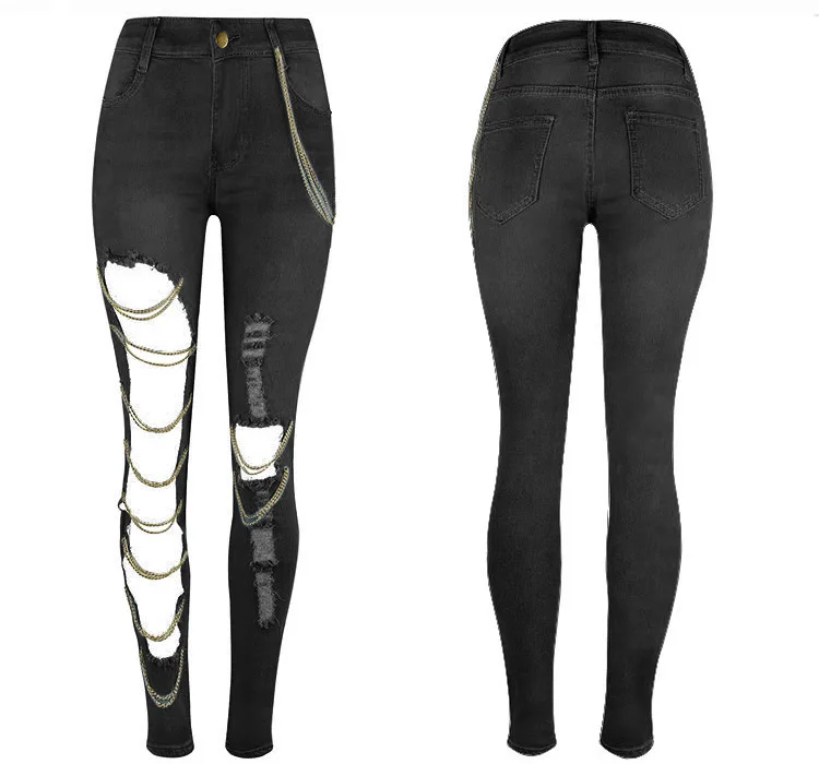 Fenyway  New arrival women skinny chain blue pencil pants fashion ladies ripped jeans