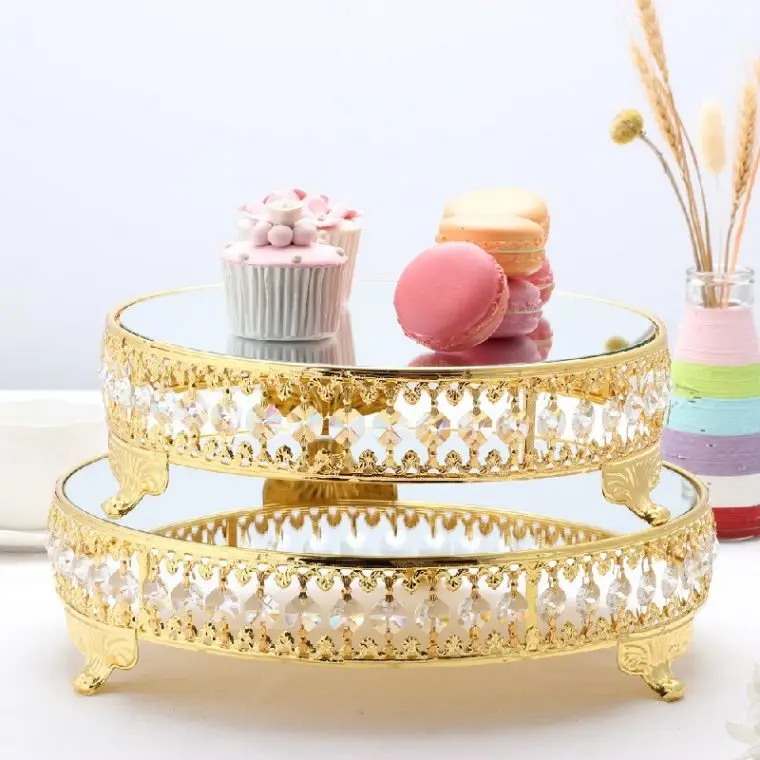 Wholesale Wedding Luxury Cake Stands Set Buffet Cake Snack Dessert Display Stand Crystal Metal Gold Mirror Face Cake Stand