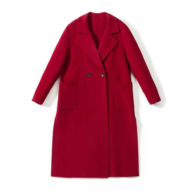 
Нейтральный стиль, красное свободное Женское пальто из 100% шерсти, теплое пальто ручной работы с двойной грудью, весенне-осеннее шерстяное пальто для женщин 