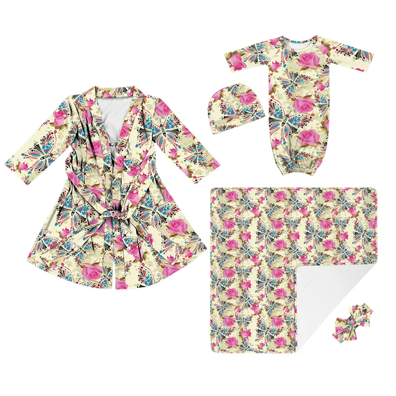 Hot sale Vintage flowers maternity robe and matching baby swaddle blanket set mummy