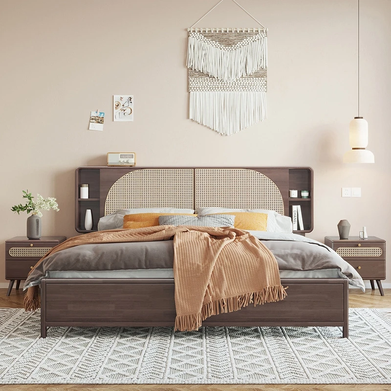 Rattan solid wood bed king size double real rattan Nordic wabi-sabi style wooden bed simple bedroom furniture set