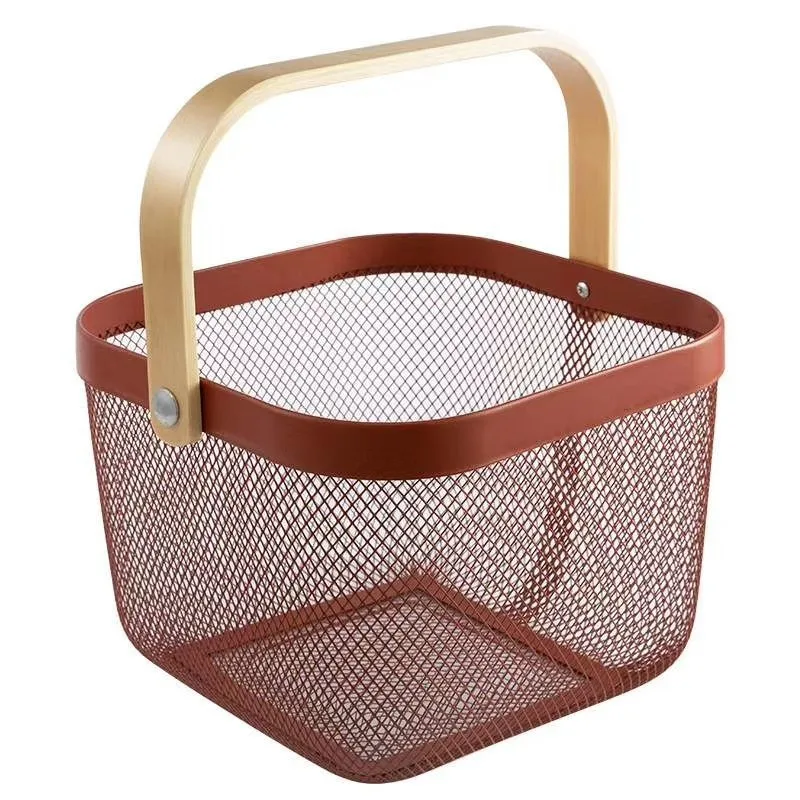 Fruit and vegetable basket drain Kitchen Storage Basket iron basket with wooden handle
