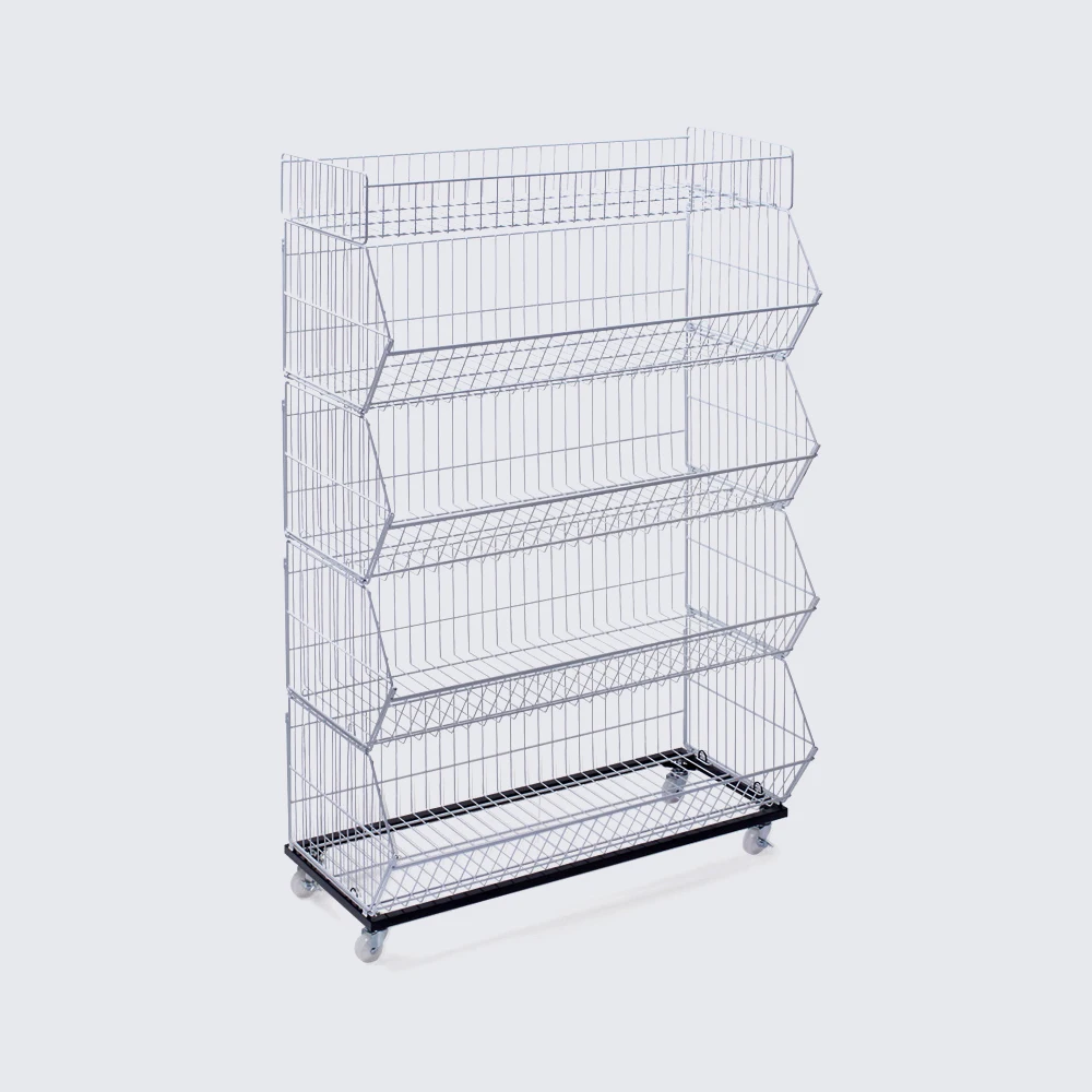 Supermarket metal retail stackable wire basket display rack stackable wire beveled basket