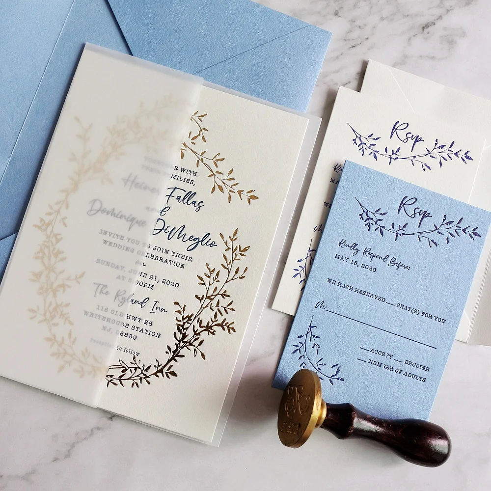 Rustic Design Cotton Paper Cards Gold Foil and Letterpress Wedding Invitations With Wax Seal and RSVP Cards