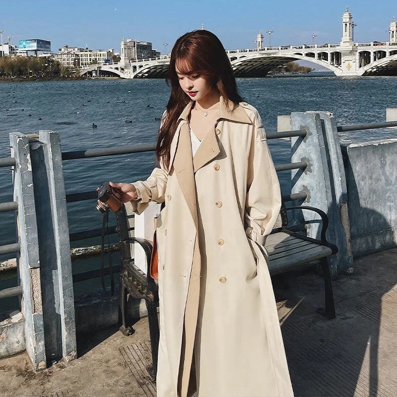 Korea Loose Oversize Double-Breasted Long Trench Coat Women White Black Duster Coat Windbreaker Lady Outerwear Spring Clothes