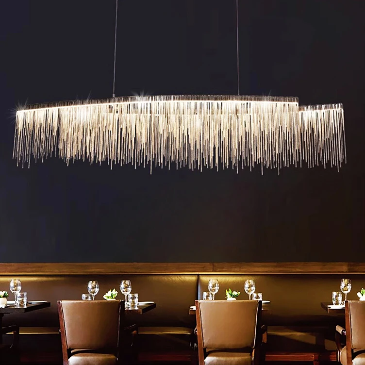Modern design nordic modern wavy tassel aluminum silver metal chain hotel led linear chandelier pendant light