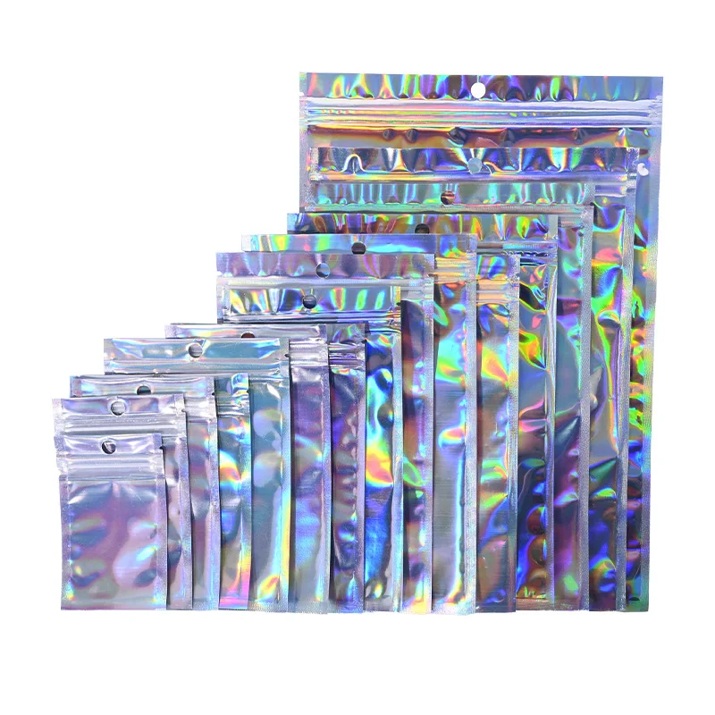 Custom printed logo redusable laser foil plastic pouch holographic jewelry packaging bag