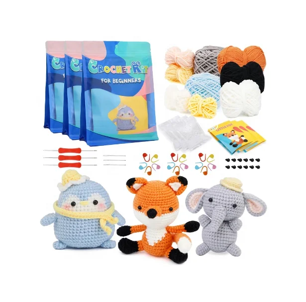 DIY 3pcs/set Yarn crochet animal kit all in one animal crochet kit  for beginners