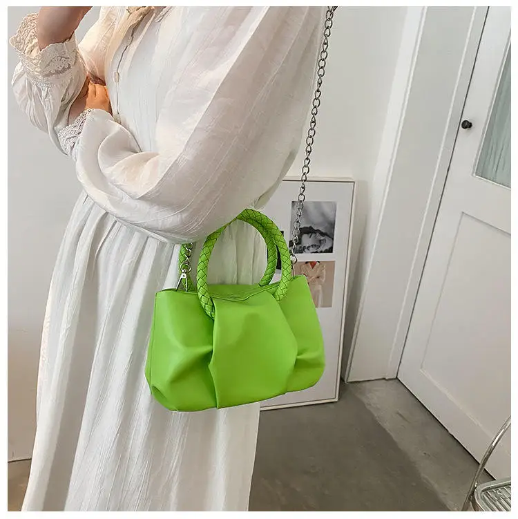 Luxury Lady Designer Bags Pure Color Woven Top-handle Purse Shoulder Bags Magnetic Snap Closure Metal Chain Cross Body Messenger