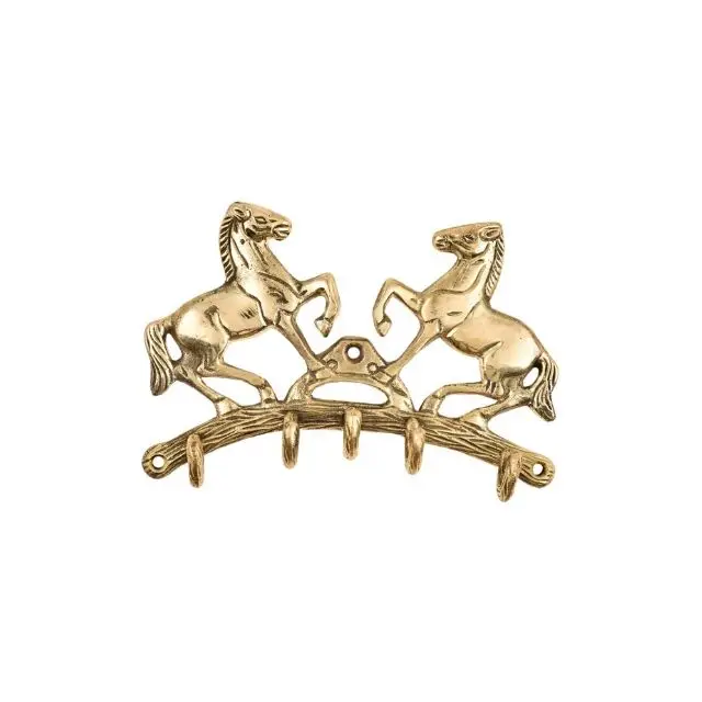 Традиционный золотой латуни два стоя лошадей Дизайн Крючки вешалка настенная многоразовая Полезная шапка сумки одежда Heavy Duty BTH-264