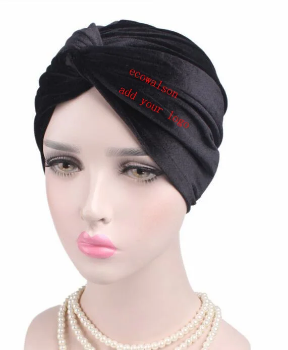 ecowalson  Fashion Casual Stretch Velvet Headwrap Turban Hat Women Muslim Chemo Cap Vintage Female Beanies Bonnet femme
