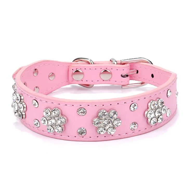 Rhinestone Flower Pattern Studded Cute PU Leather Dog Collar for Small and Medium Dogs