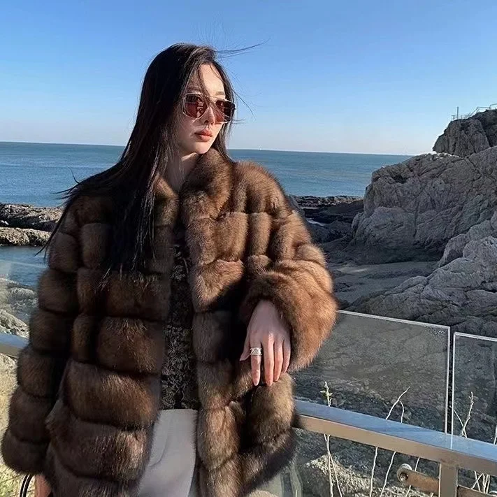 Winter Luxury Russia  New Purple Sable High Grade Sable Fur Jacket Winter Thickened Warm Fluffy Sexy  Stand Collar Faux fur coat