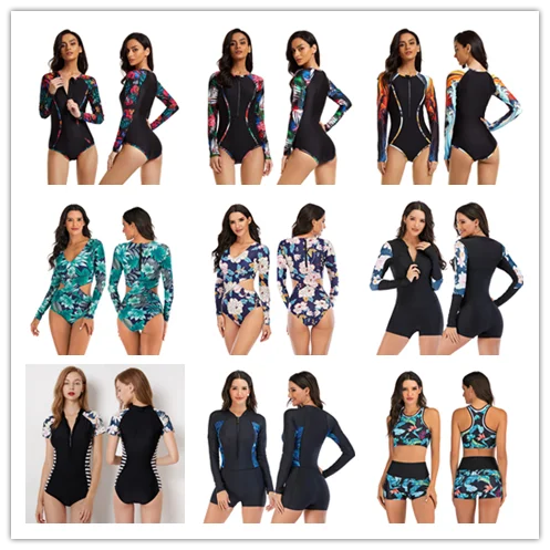 Wholesale Women Ladies 1-pc Long Sleeves Rash Guard Bikini Swimsuit Beachwear Racing Sport Swimwear SPF50+