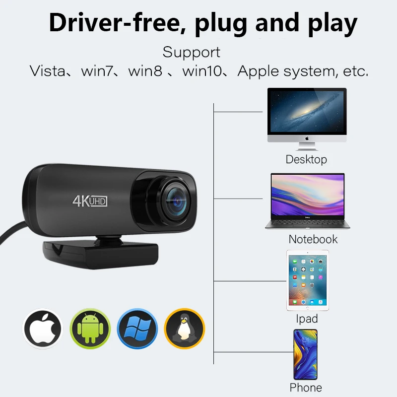 Веб-камера с автофокусом и микрофоном USB 2 0 4K